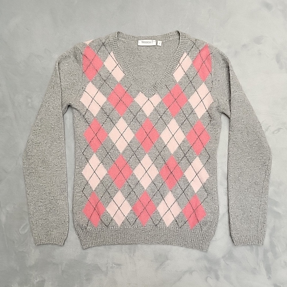 Yessica Sweater Women Medium Gray Argyle 100% Cashmere V-Neck Soft Warm Luxury‎